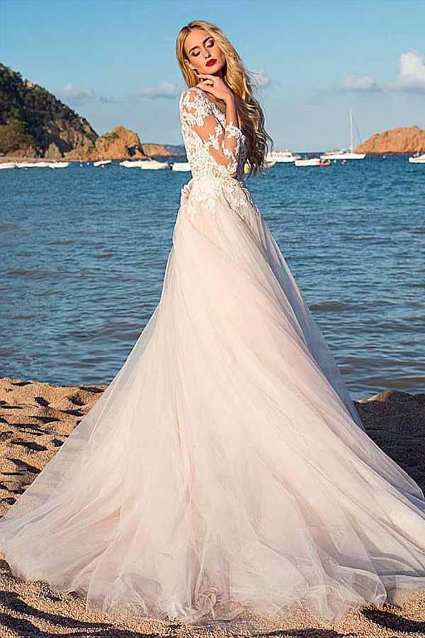 Tulle Scoop Neckline Pink A-line Lace Appliques Long Sleeves Bowknot Wedding Dresses