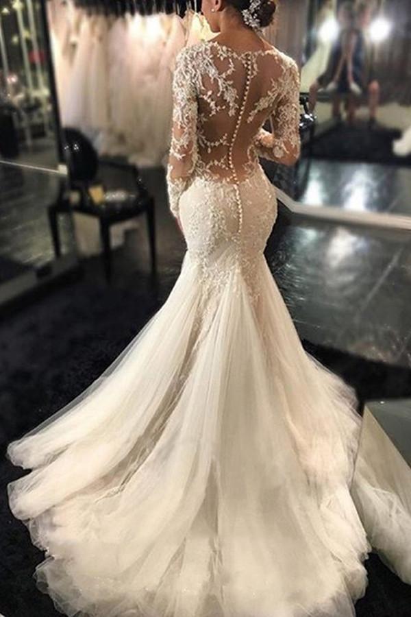 Long Sleeves Court Train Ivory V-Neck Mermaid Tulle Wedding Dress With Lace Appliques