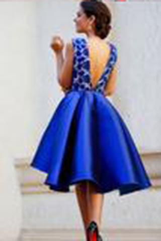 A-line V-neck Satin Backless Lace Royal Blue Homecoming Dresses JS456