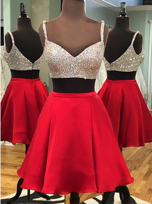 Two Homecoming Dresses Ashley Piece Spaghetti Straps Above-Knee Red With Sequins Beading