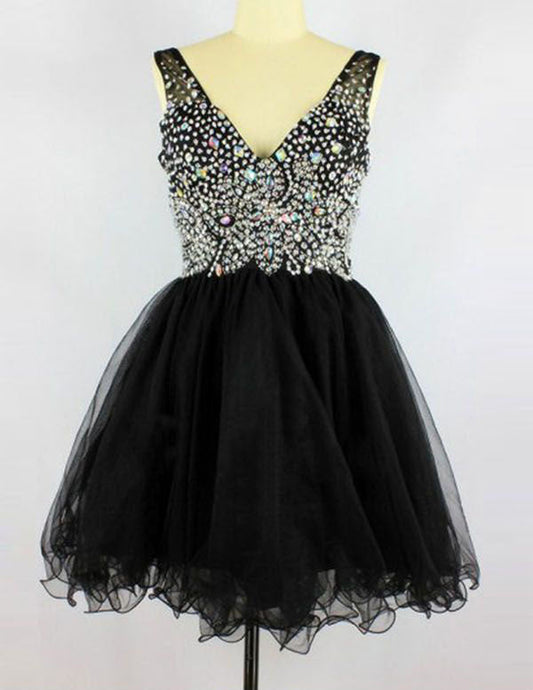 A-Line Deep V-Neck Homecoming Dresses Adrienne Sleeveless Short Black Beading