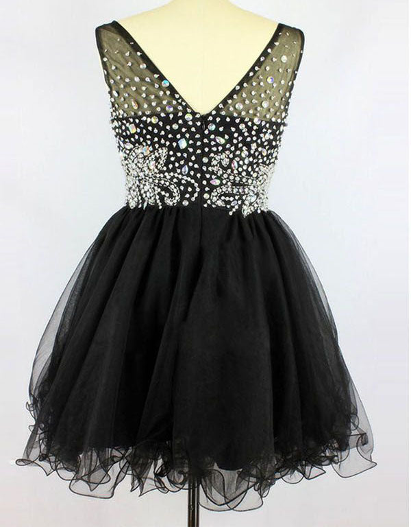 A-Line Deep V-Neck Homecoming Dresses Adrienne Sleeveless Short Black Beading