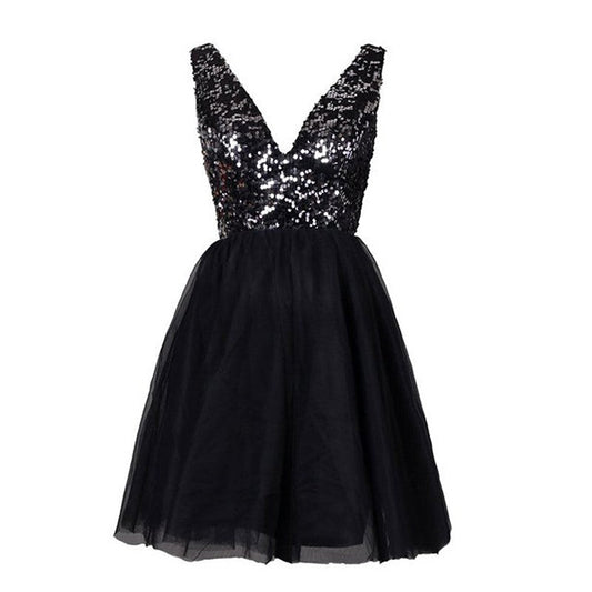 Deep V-Neck Backless Sequins Black Homecoming Dresses Vivien Short