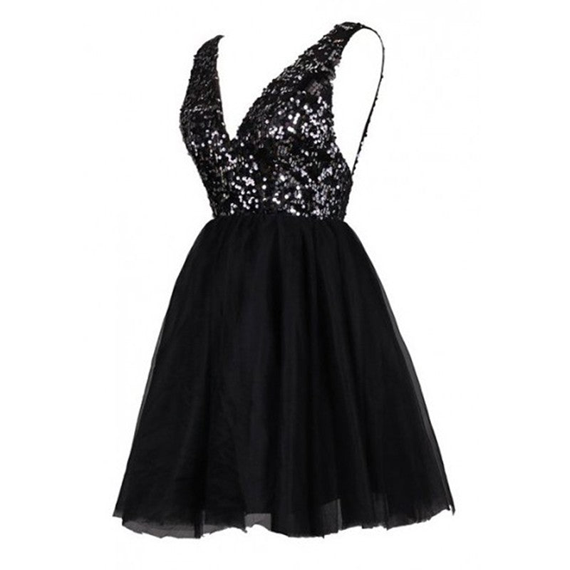 Deep V-Neck Backless Sequins Black Homecoming Dresses Vivien Short