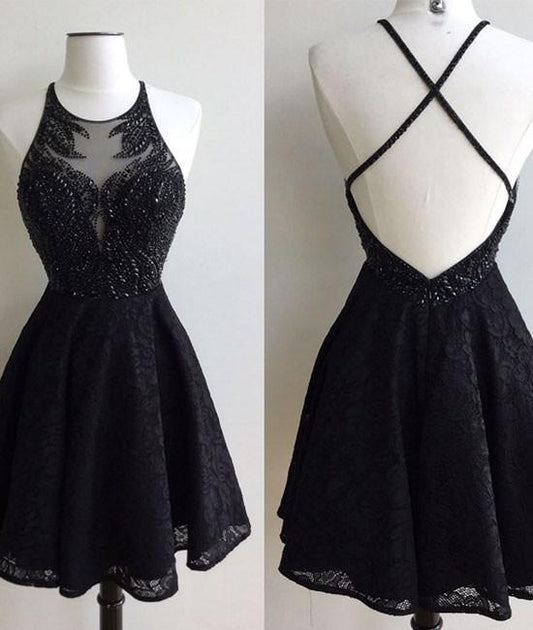 A-Line Jewel Backless Short Black Lace Erin Homecoming Dresses 2024 With Beading