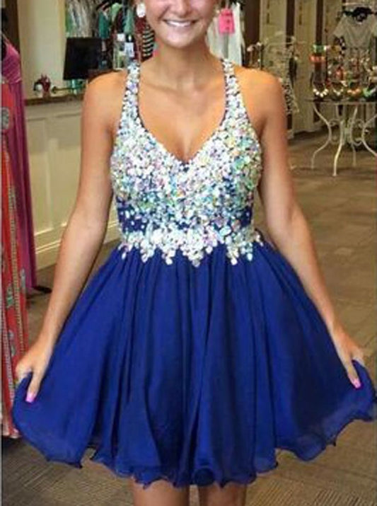 A-Line Deep V-Neck Beading Ashanti Homecoming Dresses Royal Blue Pleated Short