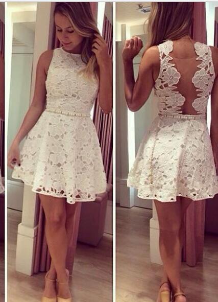 A-Line Bateau Short Illusion Back White Lace Homecoming Dresses Brenda With Beading