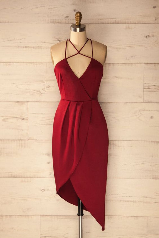 Satin Homecoming Dresses Quintina Sheath Halter Asymmetrical Dark Red