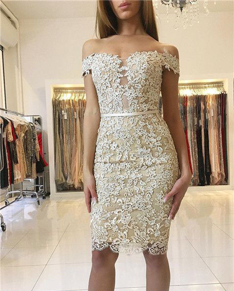 Sheath Off-The-Shoulder Knee-Length Lace Homecoming Dresses Kassandra Light Champagne 2024