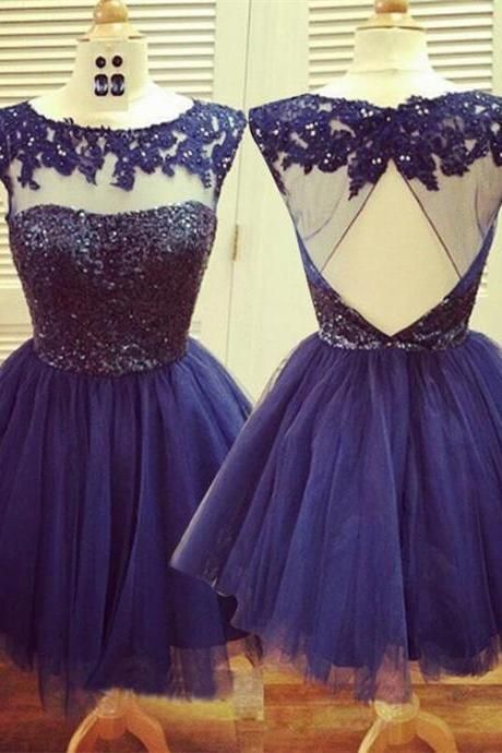 A-Line Lace Katharine Homecoming Dresses Jewel Open Back Navy Blue Tulle Short 2024 With Beading