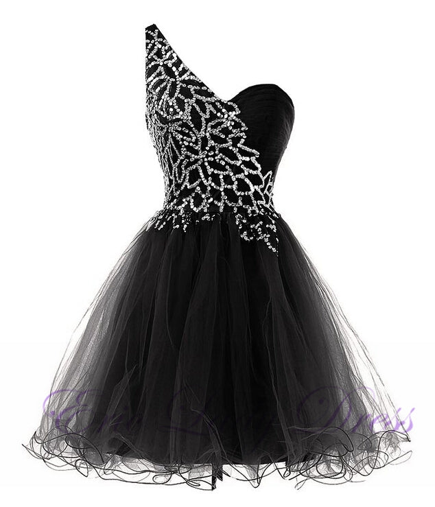 A-Line One-Shoulder Black Tulle Homecoming Dresses Regan Short 2024 With Sequins