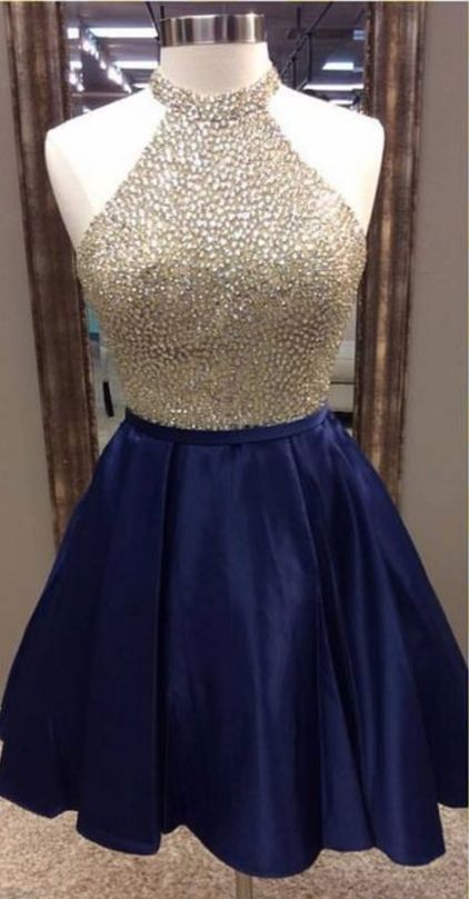 A-Line Jewel Navy Blue Short 2024 With Homecoming Dresses Carissa Satin Beading