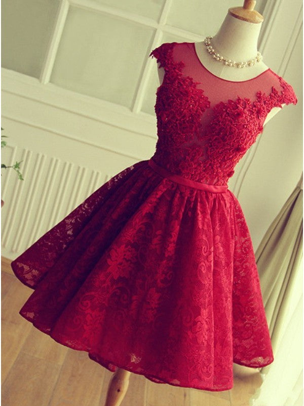 A-Line Jewel Homecoming Dresses Presley Lace Cap Sleeves Red Short 2024 With Beading