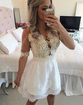 A-Line V-Neck Half Sleeves White Short 2024 With Appliques Karley Homecoming Dresses Lace Pearls