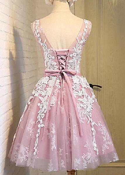 A-Line Scoop -Up Lace Homecoming Dresses Pink Penelope Tulle Short 2024 With