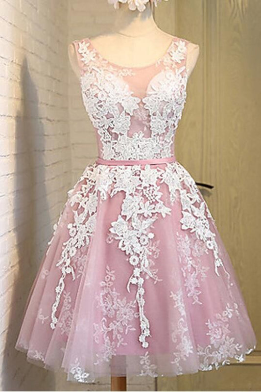 A-Line Scoop -Up Lace Homecoming Dresses Pink Penelope Tulle Short 2024 With