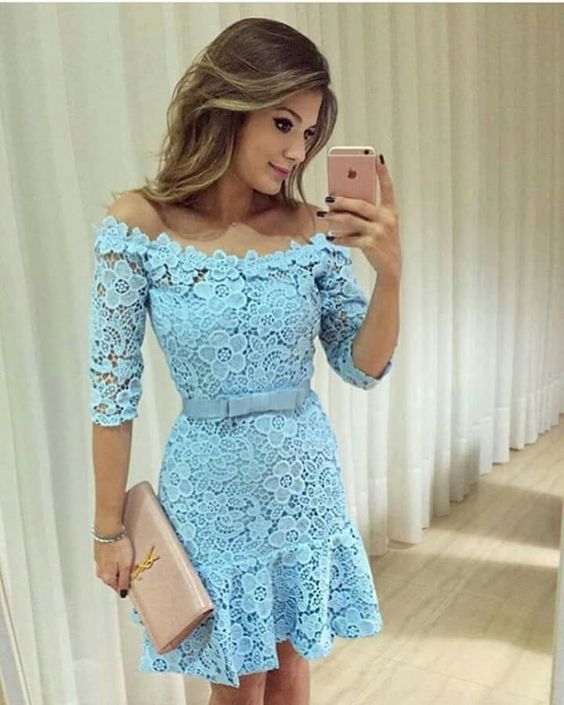 Sheath Homecoming Dresses Lace Ireland Off-The-Shoulder Above-Knee Blue 2024 With Sashes