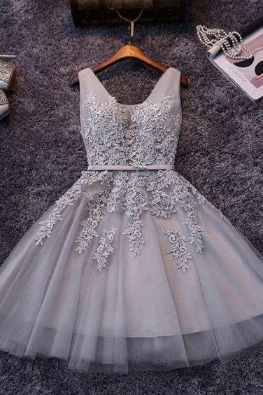 Princess/A-Line V-Neck Appliques Gray Tulle Dresses Homecoming Dresses Valentina Prom