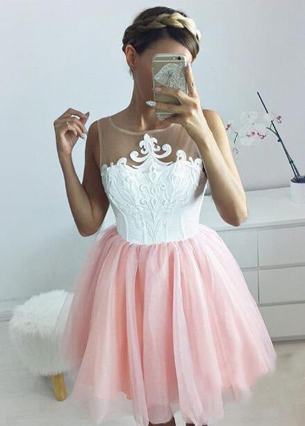 Homecoming Dresses Lucille A-Line Jewel Appliques Blush Tulle 2024