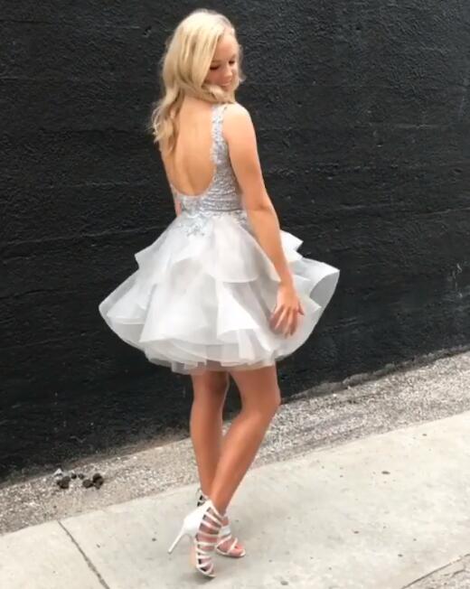 Homecoming Dresses Mikayla Princess/A-Line Scoop Backless Appliques Gray Organza Dresses Prom