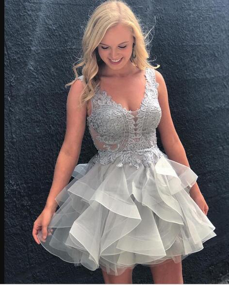 Homecoming Dresses Mikayla Princess/A-Line Scoop Backless Appliques Gray Organza Dresses Prom