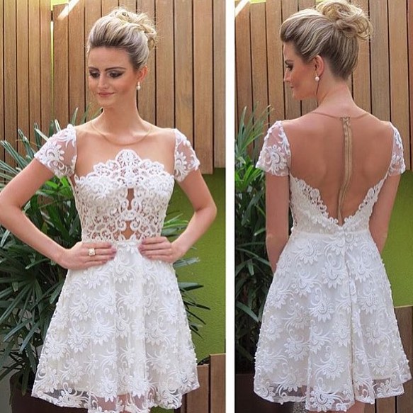 Michaelia Lace Homecoming Dresses Princess/A-Line Jewel Short Sleeves White Dresses With Illusion Back Prom