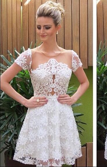 Michaelia Lace Homecoming Dresses Princess/A-Line Jewel Short Sleeves White Dresses With Illusion Back Prom