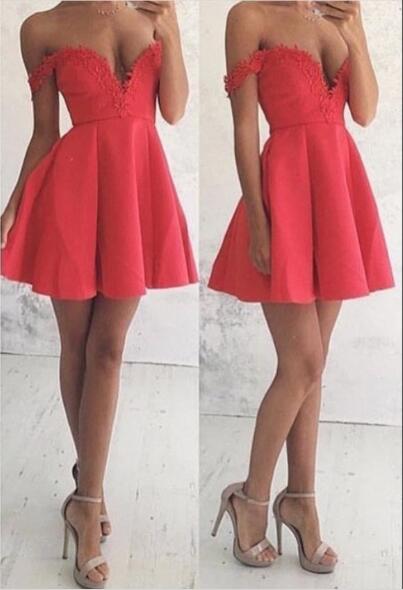 A-Line Off-The-Shoulder Short Red 2024 With Renee Homecoming Dresses Satin Appliques