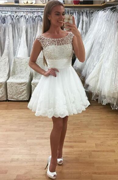 Princess/A-Line Marley Lace Homecoming Dresses Crew Neck Short White Dresses With Beading Prom