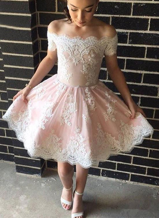 A-Line Off-The-Shoulder Appliques Short Homecoming Dresses Breanna Pink Pearl 2024