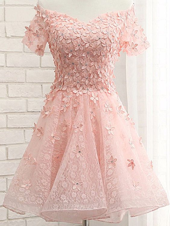 A-Line Off-The-Shoulder Appliques Lia Lace Homecoming Dresses Short Coral 2024