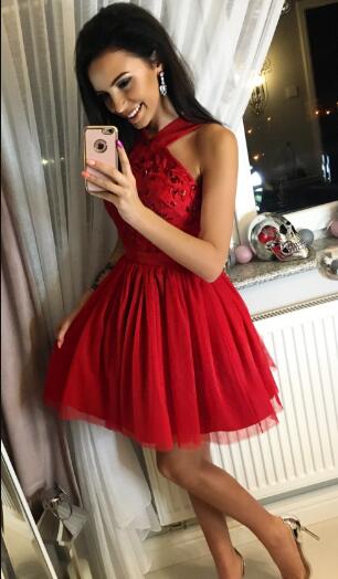 A-Line Cross Neck Short Homecoming Dresses Kaylen Red Tulle 2024 With Beading