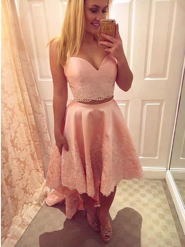 Two Piece Straps High Low 2024 Mckenzie Homecoming Dresses Satin Pink Lace With