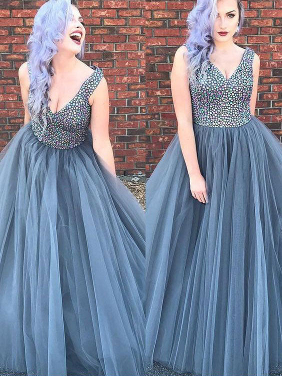 Plus Size Light Gray V Neck Prom Dresses,4119