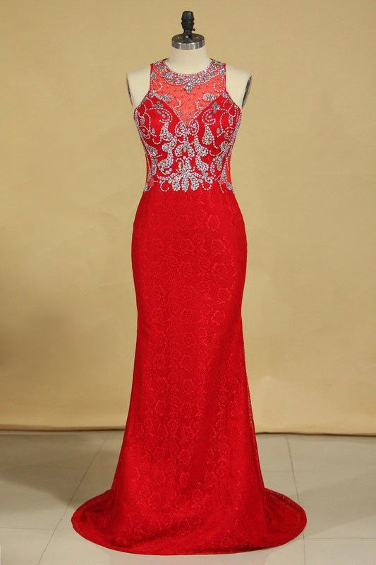 Red Plus Size Prom Dresses Scoop Beaded Bodice Sweep Train Lace Mermaid