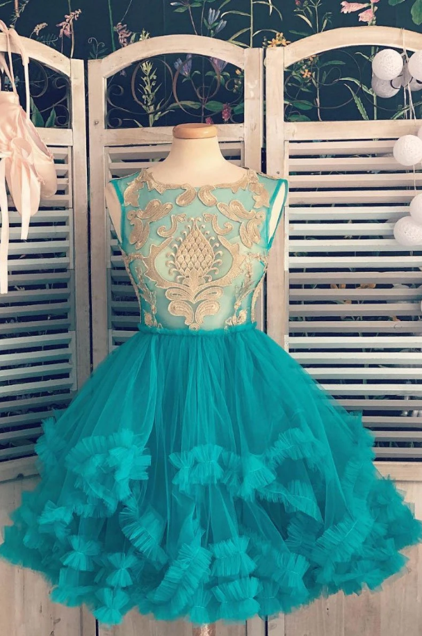 Green tulle lace short prom dress, green lace homecoming dress 804