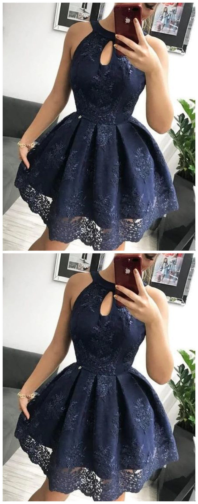 Cute Navy Blue Lace Short Prom Dress, Homecoming Dress,5224