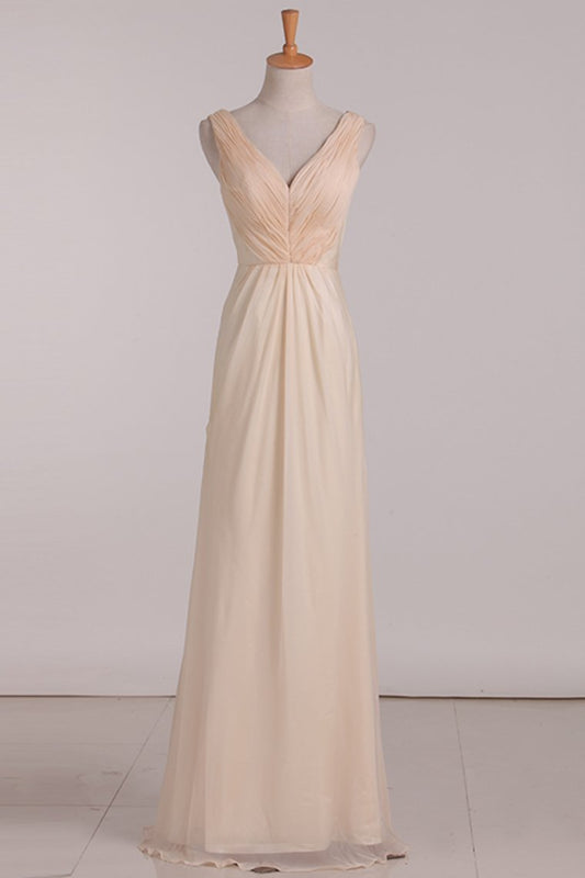 Chiffon A Line V Neck Ruffled Bodice Bridesmaid Dresses Floor Length