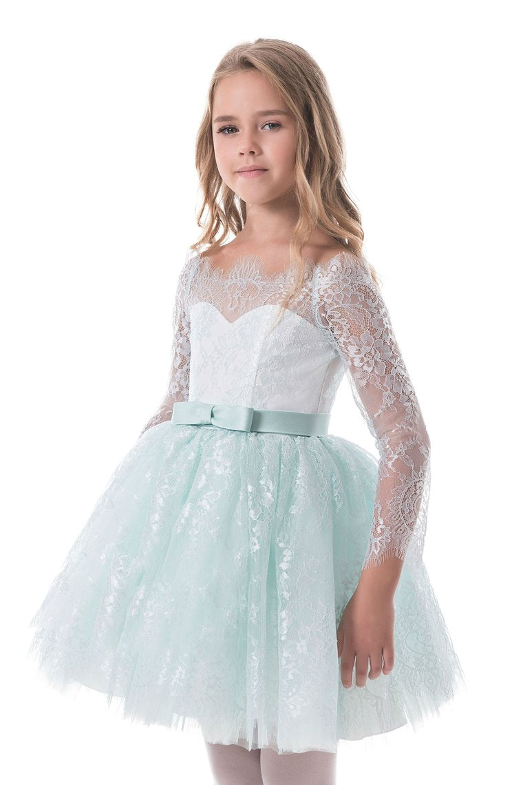 Flower Girl Dresses A Line Boat Neck Long Sleeves Lace Short/Mini