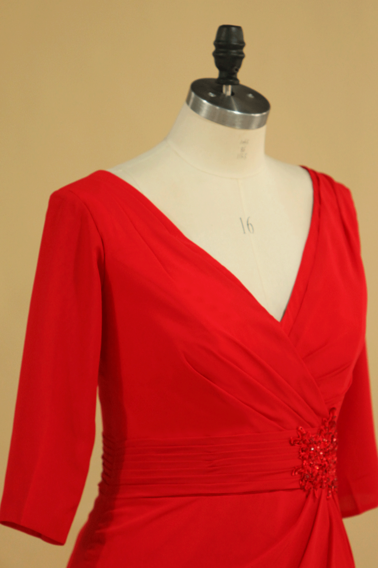 Red Plus Size Mother Of The Bride Dresses V Neck 3/4 Length Sleeve Spandex With Beads Mermaid