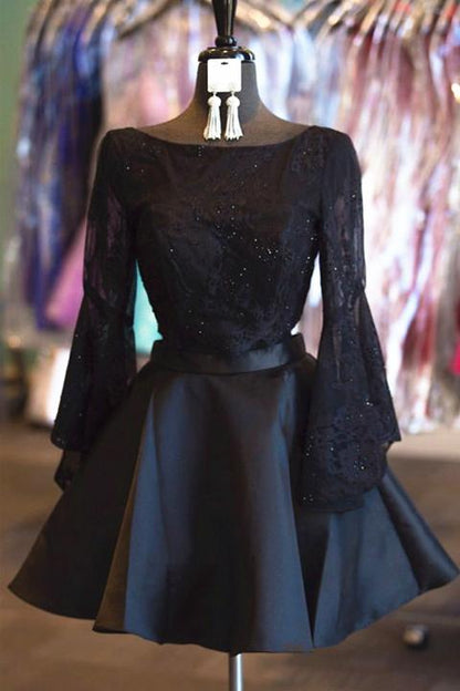 Trumpet Sleeves Black Lace 2 Pieces Backless Short Prom Homecoming Dresses Party Gowns,5906