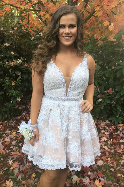 V Neck Off the Shoulder White Lace Short Prom Homecoming Dresses Cocktail Dress,5911