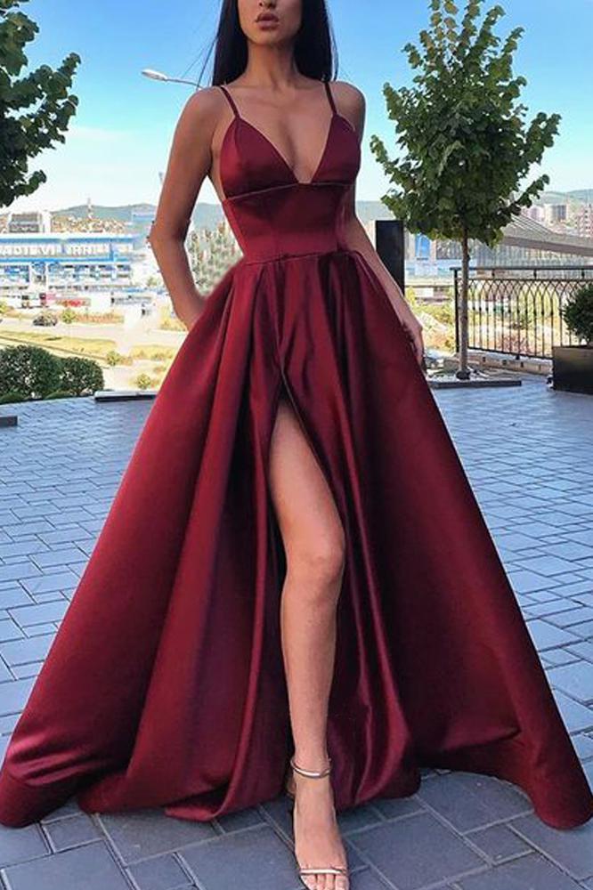 Simple A Line Spaghetti Straps V Neck Satin Prom Dresses with Slit, Formal SJS20470