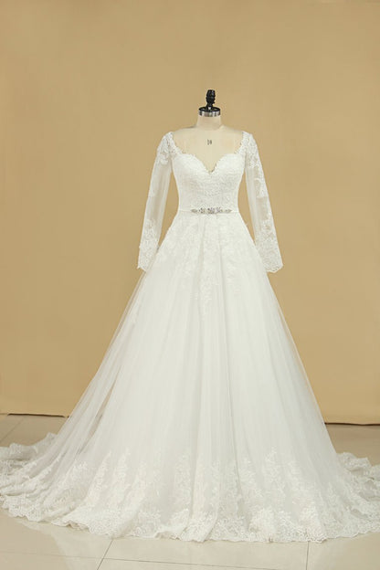 2024 A Line Long Sleeves Wedding Dresses Tulle With Applique And Sash Sweep Train