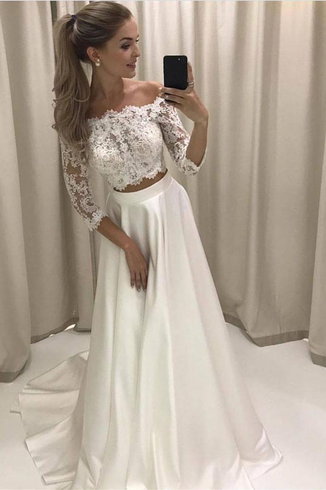 A-line Princess Lace Bodice 3/4 Sleeves Two Pieces Satin Simple Wedding Dresses