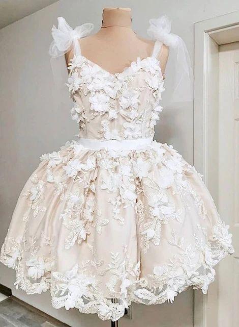 Cute Straps Lace Short White Prom Dress, Mini Homecoming Dress,6245