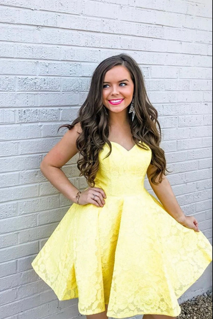 Cute yellow lace short prom dress yellow homecoming dress 357