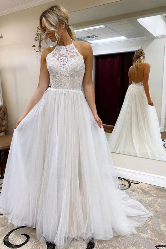 A Line Halter Tulle Wedding Dress with Top Lace, Backless Beach Wedding Dresses SRS15547