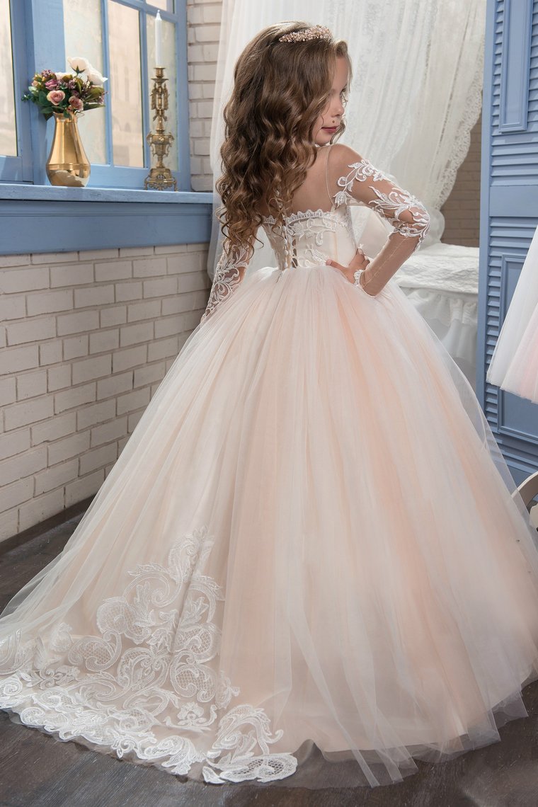 Scoop Flower Girl Dresses Ball Gown Long Sleeves Tulle With Aplique