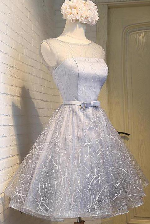 Cute Silver A Line See Through Scoop Organza Top Cheap Lace up Homecoming Dresses JS866